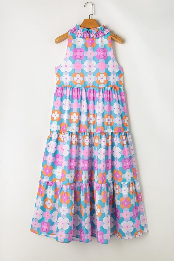 Maxi Dresses | Women Sky Blue 60S Flower Split Neck Sleeveless Tiered Maxi Dress - Image 4