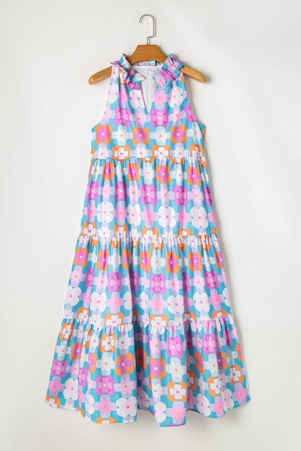 Maxi Dresses | Women Sky Blue 60S Flower Split Neck Sleeveless Tiered Maxi Dress - Image 5