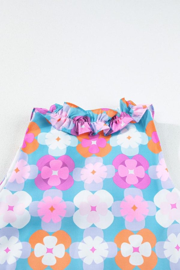 Maxi Dresses | Women Sky Blue 60S Flower Split Neck Sleeveless Tiered Maxi Dress - Image 6