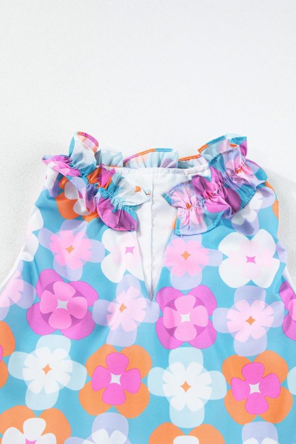 Maxi Dresses | Women Sky Blue 60S Flower Split Neck Sleeveless Tiered Maxi Dress - Image 7