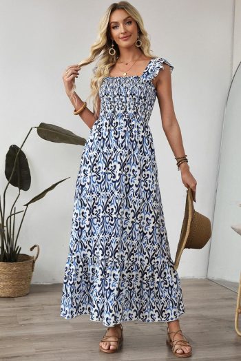 Maxi Dresses | Women Sky Blue Boho Print Smocked High Waist Maxi Dress