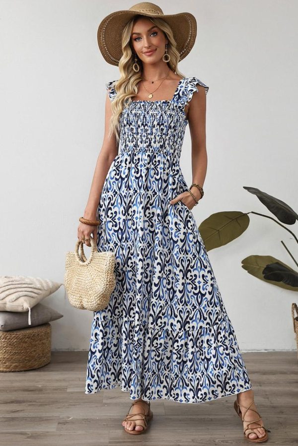 Maxi Dresses | Women Sky Blue Boho Print Smocked High Waist Maxi Dress - Image 2