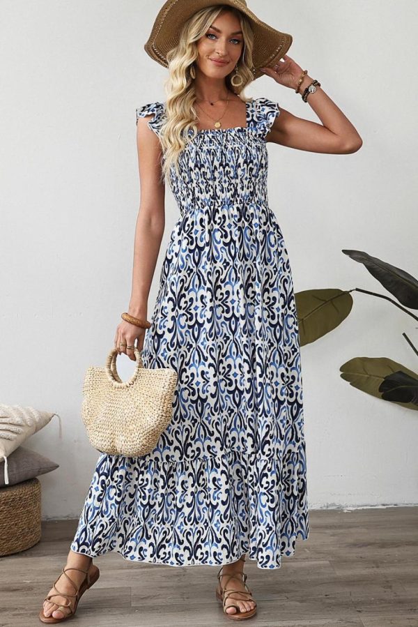 Maxi Dresses | Women Sky Blue Boho Print Smocked High Waist Maxi Dress - Image 3