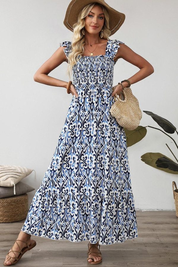 Maxi Dresses | Women Sky Blue Boho Print Smocked High Waist Maxi Dress - Image 4