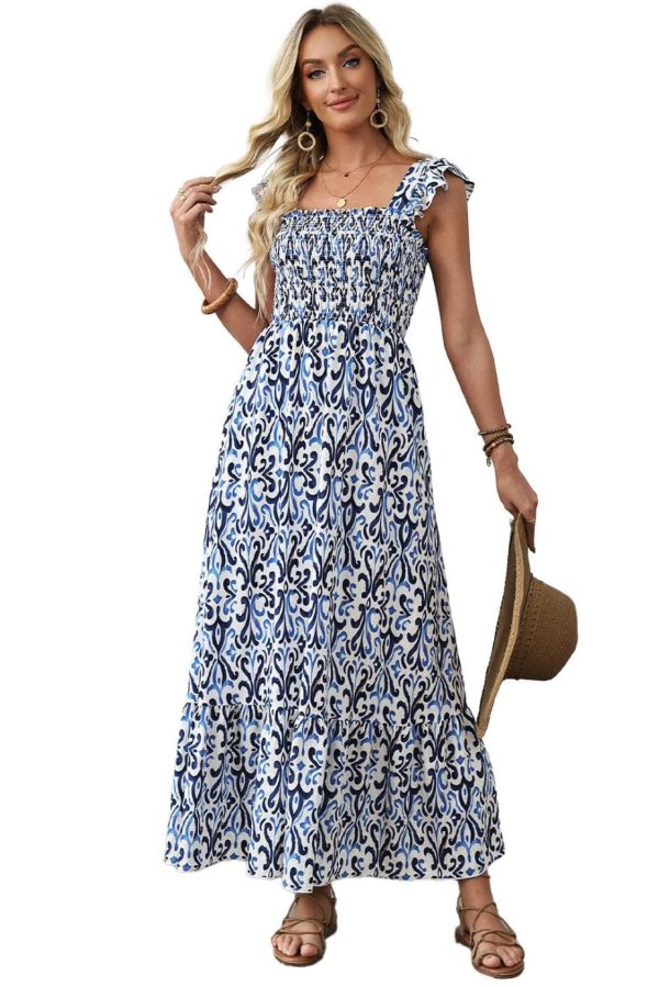 Maxi Dresses | Women Sky Blue Boho Print Smocked High Waist Maxi Dress - Image 5