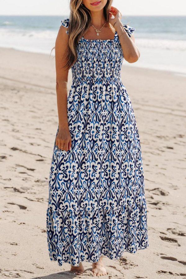 Maxi Dresses | Women Sky Blue Boho Print Smocked High Waist Maxi Dress - Image 6