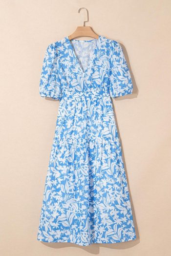 Maxi Dresses | Women Sky Blue Floral Print Deep V Neck Puff Sleeve Flowy Dress