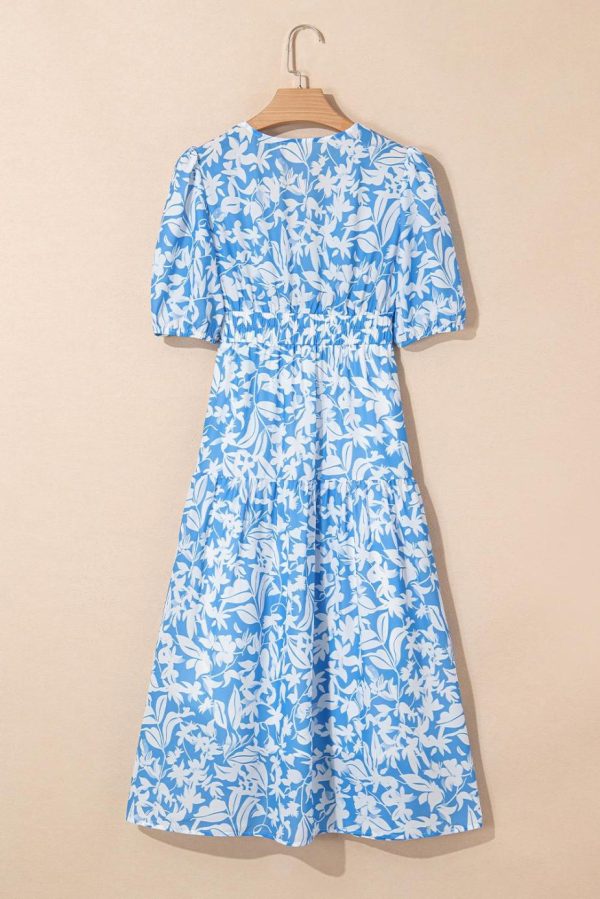 Maxi Dresses | Women Sky Blue Floral Print Deep V Neck Puff Sleeve Flowy Dress - Image 2