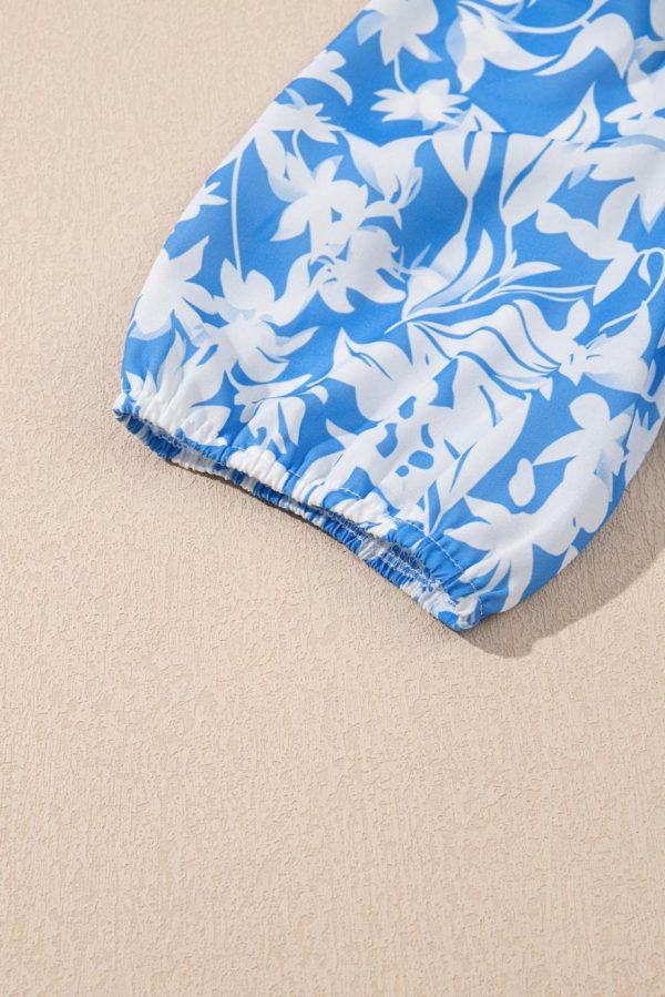 Maxi Dresses | Women Sky Blue Floral Print Deep V Neck Puff Sleeve Flowy Dress - Image 4
