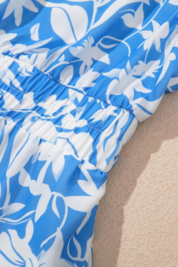 Maxi Dresses | Women Sky Blue Floral Print Deep V Neck Puff Sleeve Flowy Dress - Image 5
