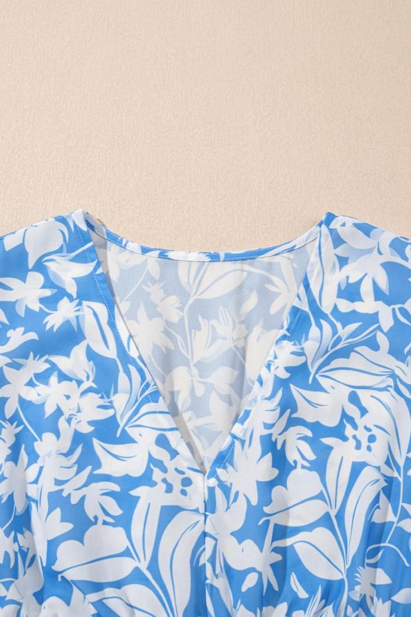 Maxi Dresses | Women Sky Blue Floral Print Deep V Neck Puff Sleeve Flowy Dress - Image 6