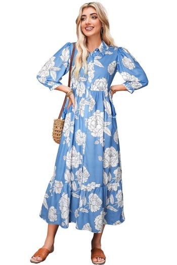 Maxi Dresses | Women Sky Blue Floral Print Puff Sleeve Collared Dress