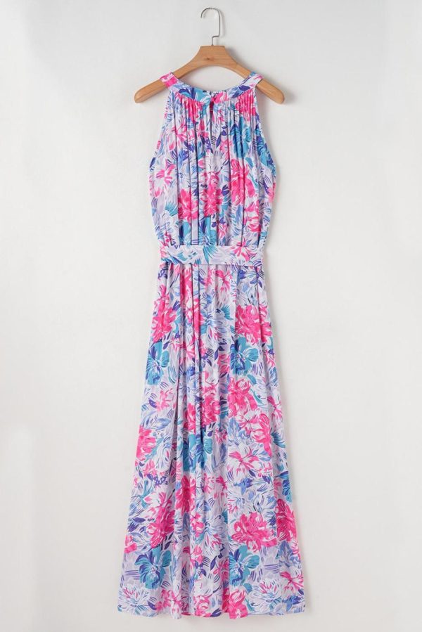 Maxi Dresses | Women Sky Blue Floral Print Sleeveless O Neck Knot Waist Maxi Dress - Image 3
