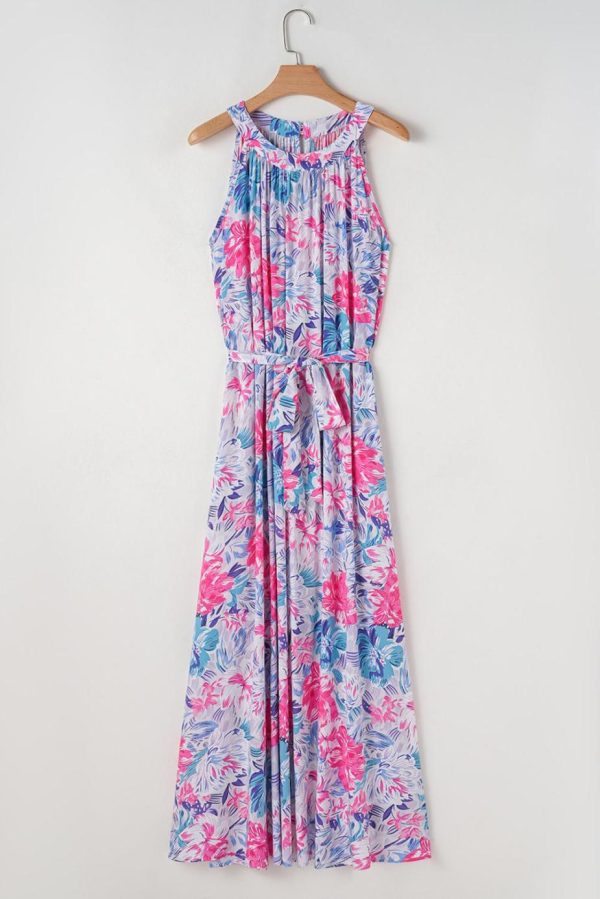 Maxi Dresses | Women Sky Blue Floral Print Sleeveless O Neck Knot Waist Maxi Dress - Image 4