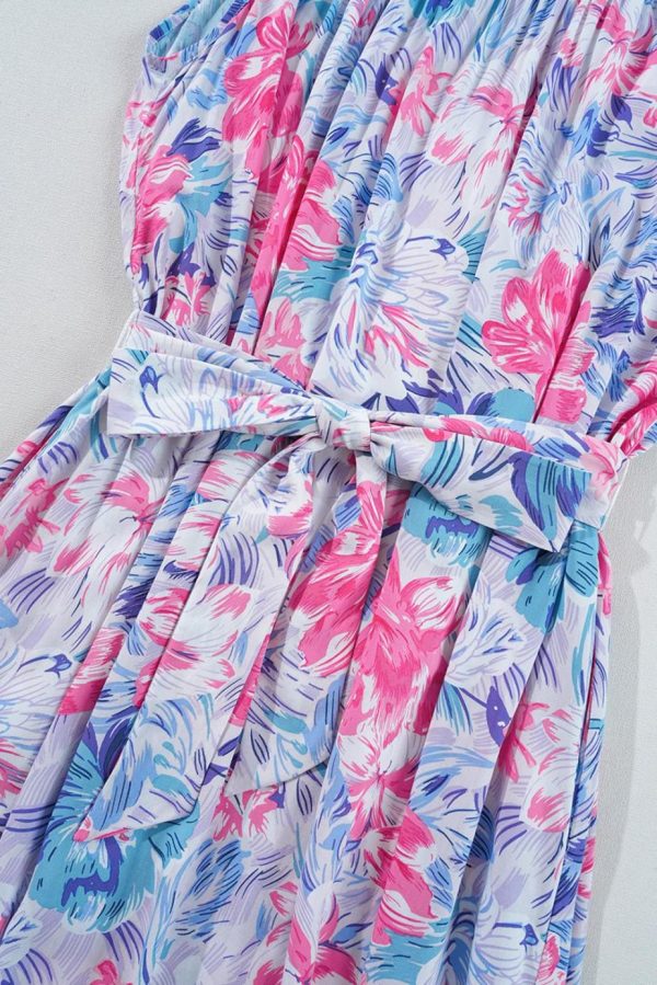 Maxi Dresses | Women Sky Blue Floral Print Sleeveless O Neck Knot Waist Maxi Dress - Image 7