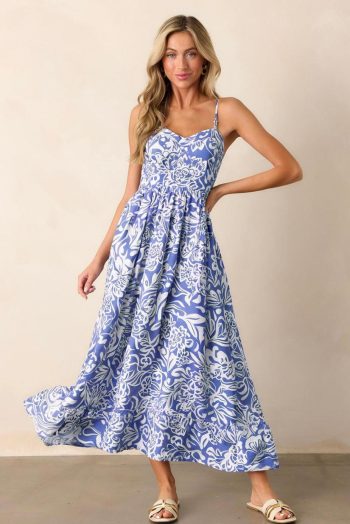 Maxi Dresses | Women Sky Blue Floral Print Spaghetti Strap High Waist Maxi Dress