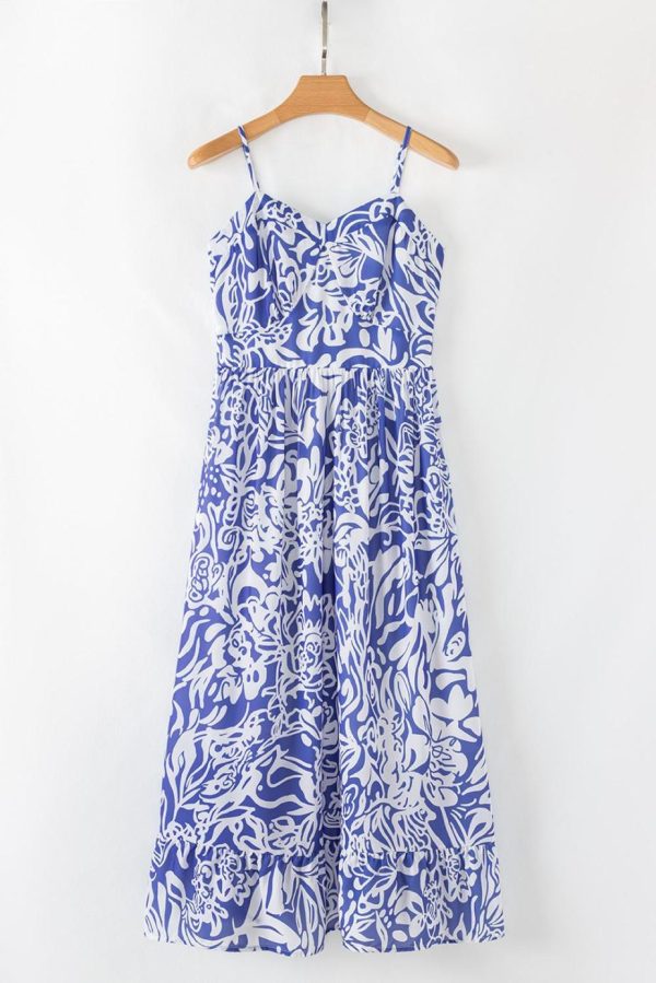 Maxi Dresses | Women Sky Blue Floral Print Spaghetti Strap High Waist Maxi Dress - Image 3