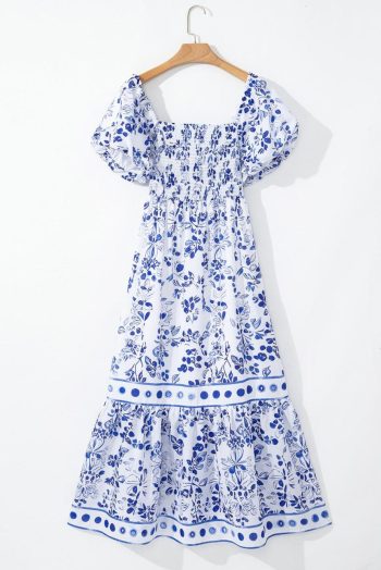 Maxi Dresses | Women Sky Blue Floral Print Square Neck Bubble Sleeve High Waist Maxi Dress