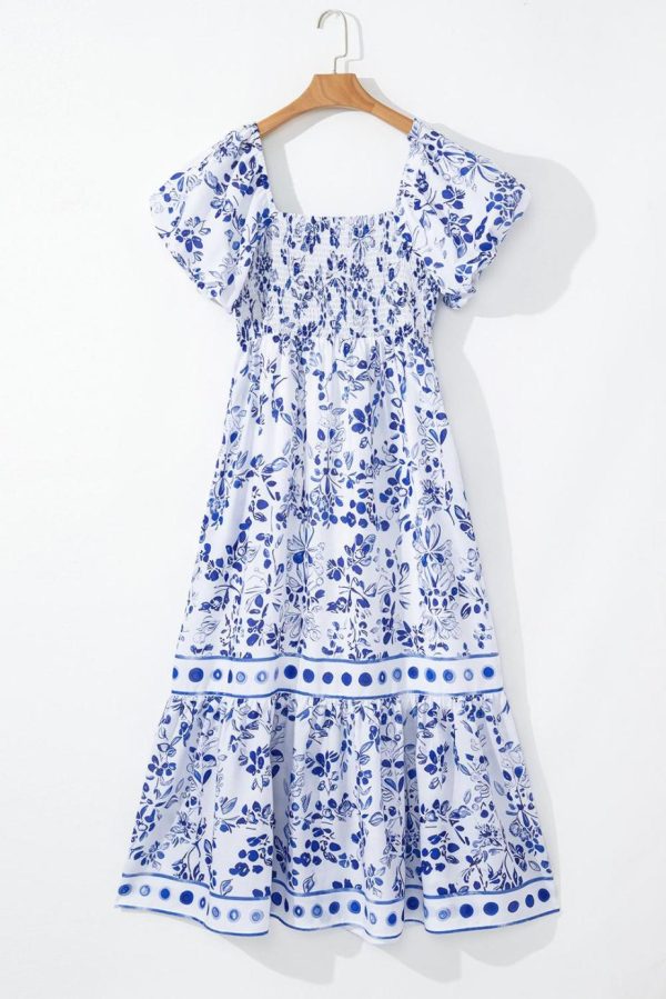 Maxi Dresses | Women Sky Blue Floral Print Square Neck Bubble Sleeve High Waist Maxi Dress - Image 2