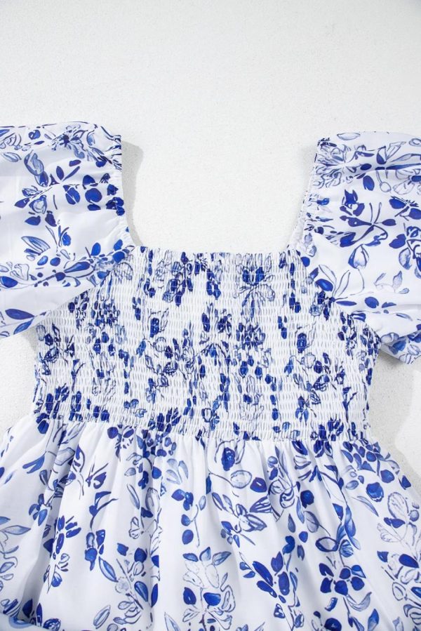 Maxi Dresses | Women Sky Blue Floral Print Square Neck Bubble Sleeve High Waist Maxi Dress - Image 3