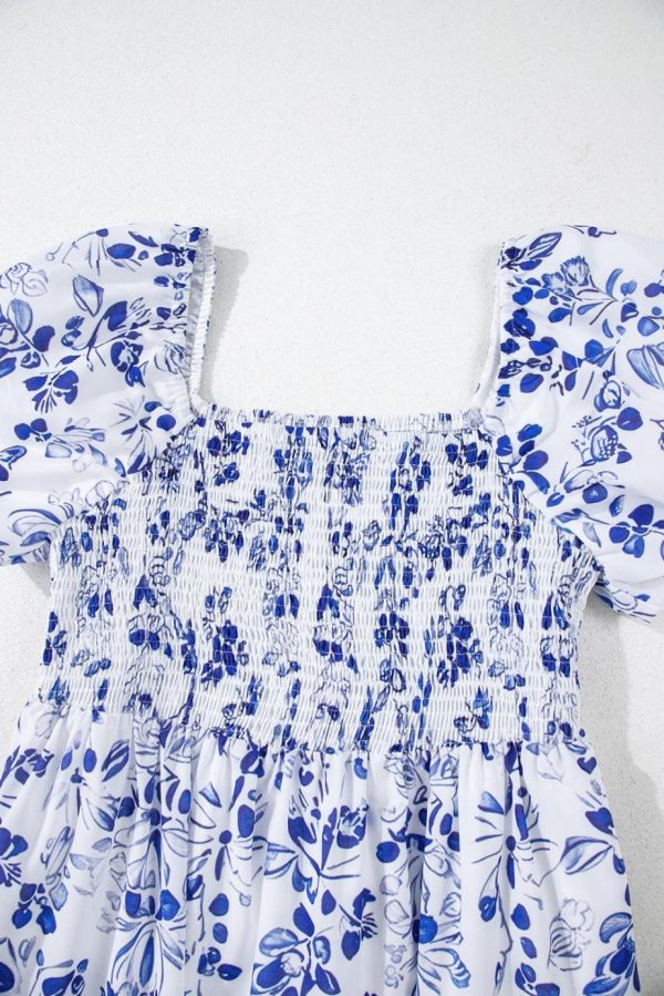 Maxi Dresses | Women Sky Blue Floral Print Square Neck Bubble Sleeve High Waist Maxi Dress - Image 7
