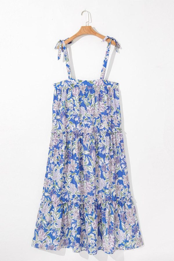 Maxi Dresses | Women Sky Blue Floral Print Tie Straps Flowy Ruffle Maxi Dress - Image 4