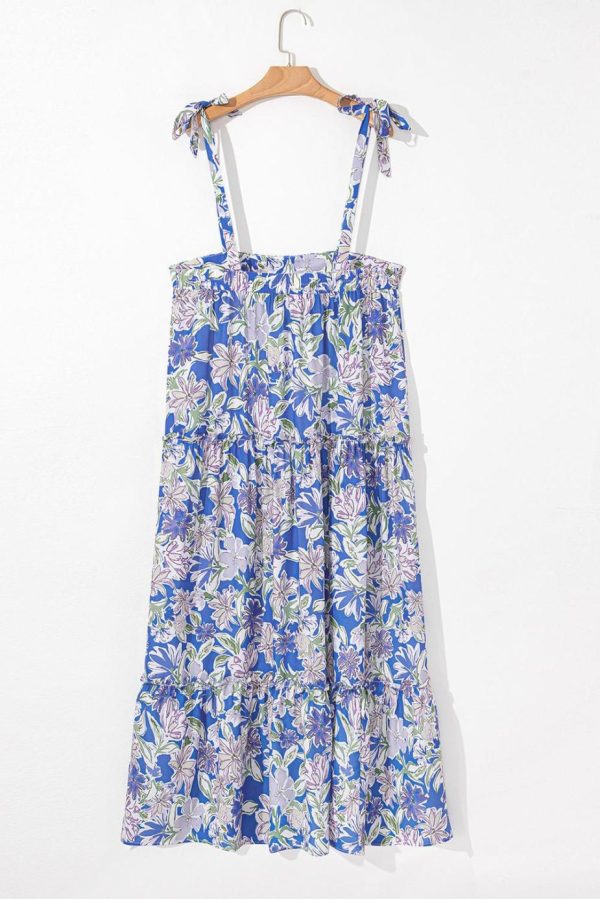 Maxi Dresses | Women Sky Blue Floral Print Tie Straps Flowy Ruffle Maxi Dress - Image 5