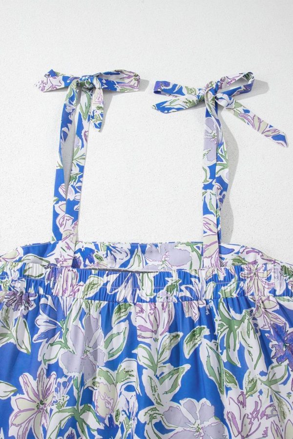 Maxi Dresses | Women Sky Blue Floral Print Tie Straps Flowy Ruffle Maxi Dress - Image 7