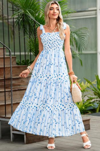Maxi Dresses | Women Sky Blue Floral Smocked A-Line Tie Straps Maxi Dress