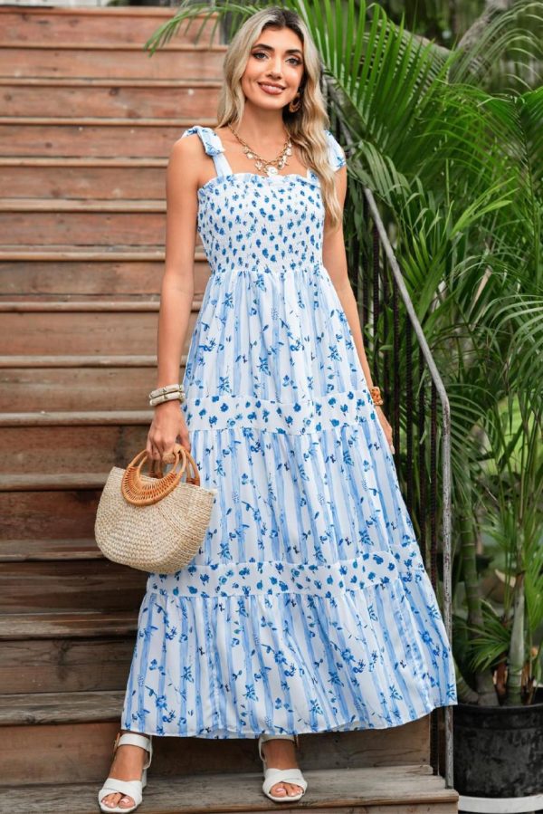 Maxi Dresses | Women Sky Blue Floral Smocked A-Line Tie Straps Maxi Dress - Image 2