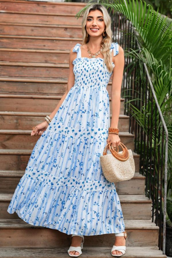 Maxi Dresses | Women Sky Blue Floral Smocked A-Line Tie Straps Maxi Dress - Image 3
