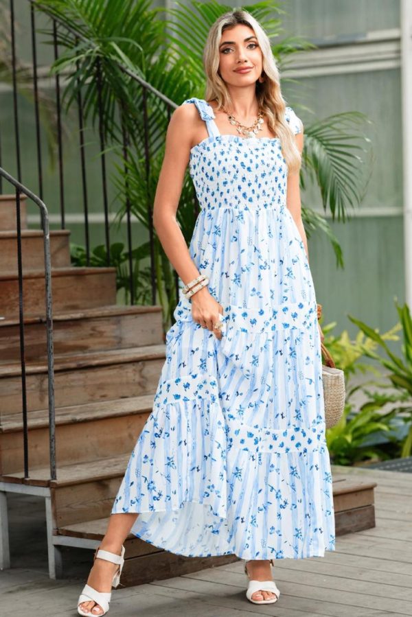 Maxi Dresses | Women Sky Blue Floral Smocked A-Line Tie Straps Maxi Dress - Image 4