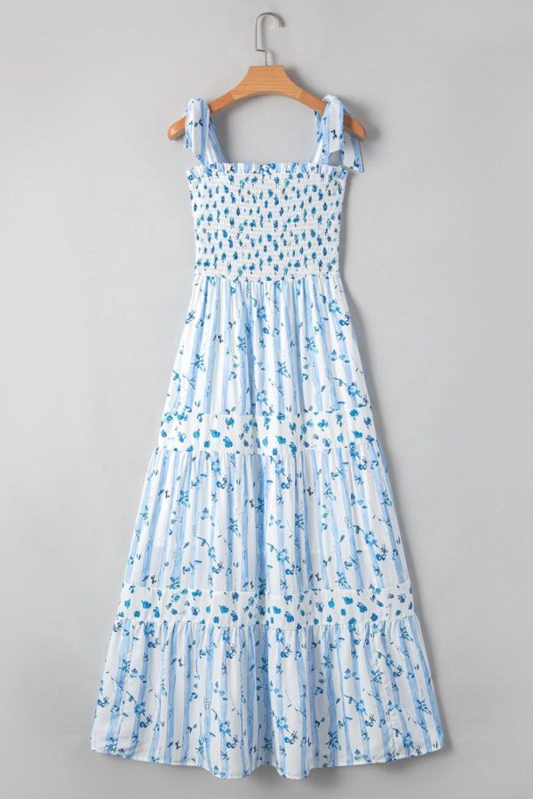 Maxi Dresses | Women Sky Blue Floral Smocked A-Line Tie Straps Maxi Dress - Image 5