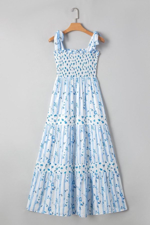 Maxi Dresses | Women Sky Blue Floral Smocked A-Line Tie Straps Maxi Dress - Image 6