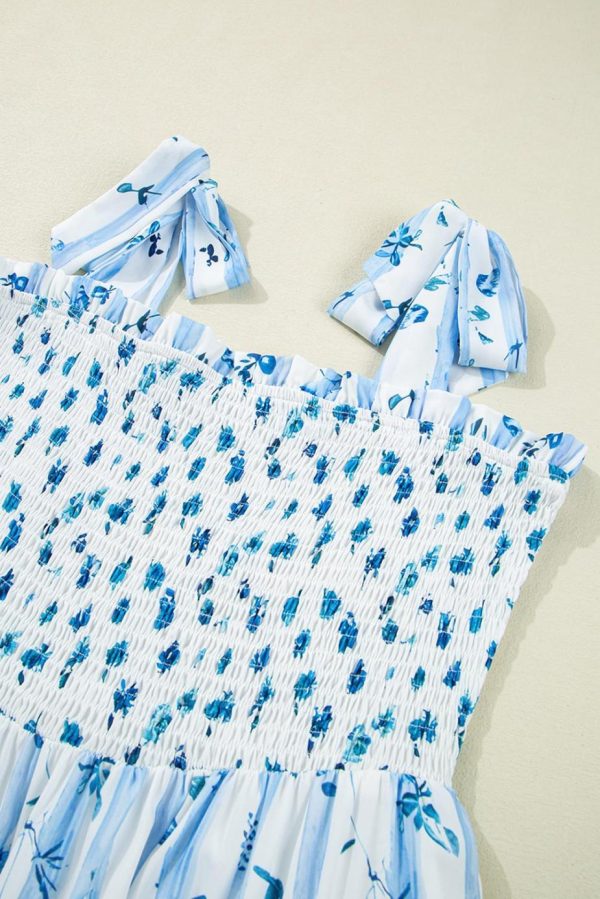 Maxi Dresses | Women Sky Blue Floral Smocked A-Line Tie Straps Maxi Dress - Image 7
