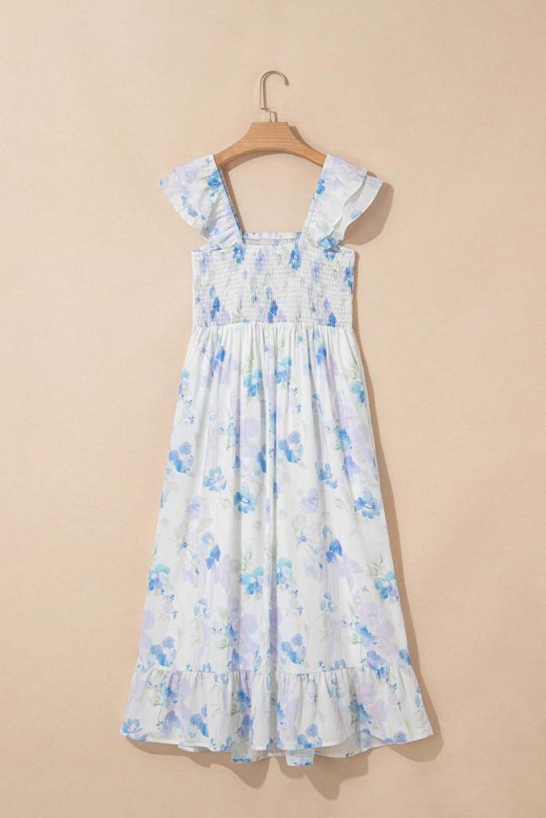 Maxi Dresses | Women Sky Blue Floral Smocked High Waist Ruffle Sleeveless Long Dress - Image 2