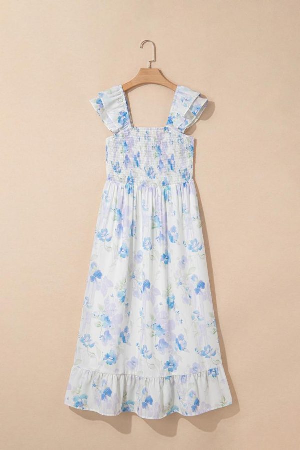 Maxi Dresses | Women Sky Blue Floral Smocked High Waist Ruffle Sleeveless Long Dress - Image 3