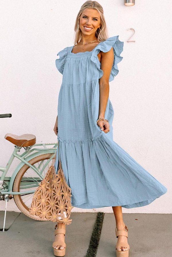 Maxi Dresses | Women Sky Blue Ruffled Flutter Sleeve Square Neck Textured Tiered Maxi Dress