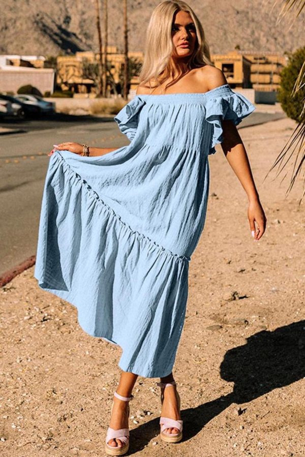 Maxi Dresses | Women Sky Blue Ruffled Flutter Sleeve Square Neck Textured Tiered Maxi Dress - Image 2
