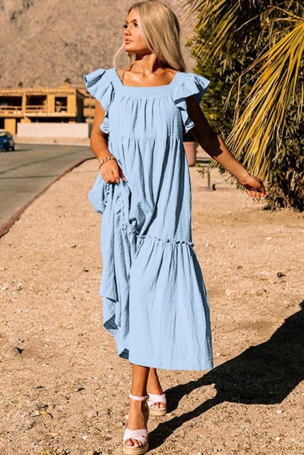 Maxi Dresses | Women Sky Blue Ruffled Flutter Sleeve Square Neck Textured Tiered Maxi Dress - Image 3