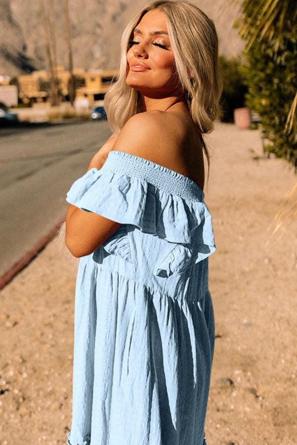 Maxi Dresses | Women Sky Blue Ruffled Flutter Sleeve Square Neck Textured Tiered Maxi Dress - Image 4
