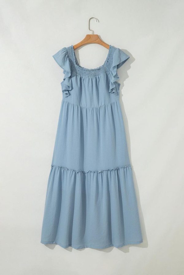 Maxi Dresses | Women Sky Blue Ruffled Flutter Sleeve Square Neck Textured Tiered Maxi Dress - Image 5