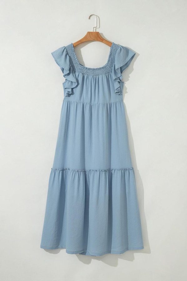 Maxi Dresses | Women Sky Blue Ruffled Flutter Sleeve Square Neck Textured Tiered Maxi Dress - Image 6