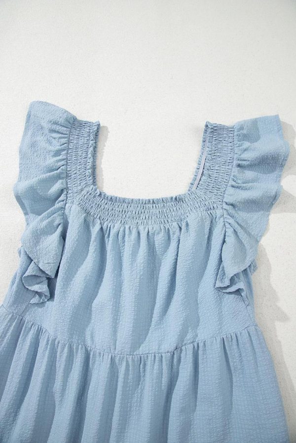 Maxi Dresses | Women Sky Blue Ruffled Flutter Sleeve Square Neck Textured Tiered Maxi Dress - Image 7