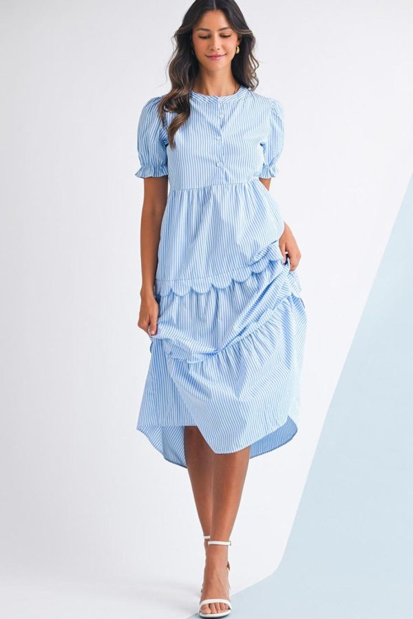 Maxi Dresses | Women Sky Blue Stripe Bubble Sleeve Scallop Tiered Dress