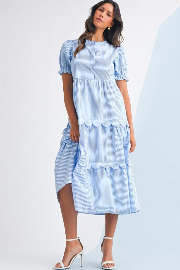Maxi Dresses | Women Sky Blue Stripe Bubble Sleeve Scallop Tiered Dress - Image 2