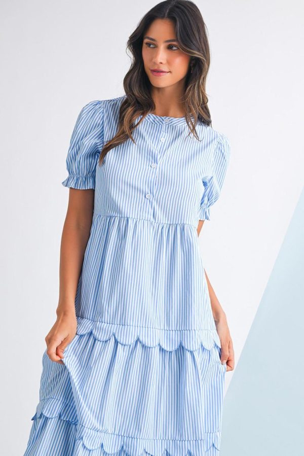 Maxi Dresses | Women Sky Blue Stripe Bubble Sleeve Scallop Tiered Dress - Image 3