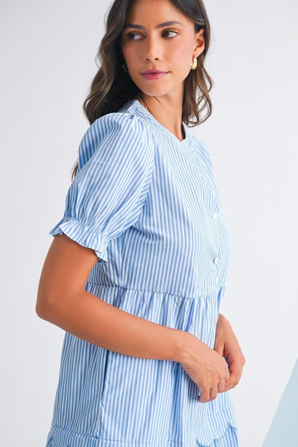 Maxi Dresses | Women Sky Blue Stripe Bubble Sleeve Scallop Tiered Dress - Image 4