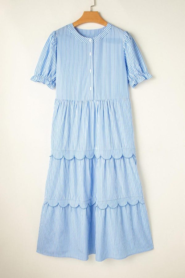 Maxi Dresses | Women Sky Blue Stripe Bubble Sleeve Scallop Tiered Dress - Image 6