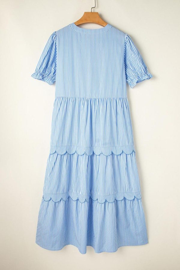 Maxi Dresses | Women Sky Blue Stripe Bubble Sleeve Scallop Tiered Dress - Image 7